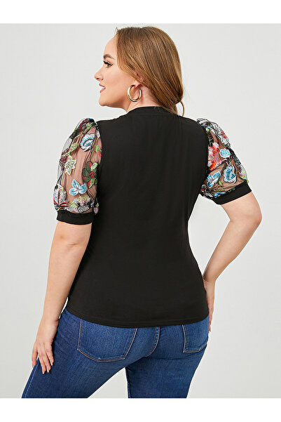 FridayIn Casual Round neck Solid color Color contrast Net yarn Puff sleeve Plus Size Tops