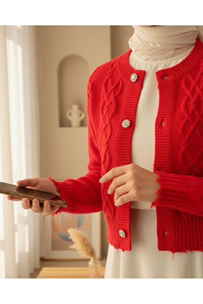 Modamorfo Kőgombos, szakadt kivágású kardigán - gránátalma virág