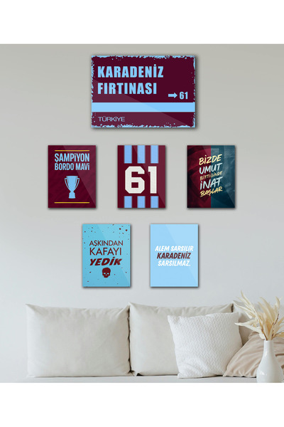 TABLOX 6 Parça Bordo Mavi Karadeniz Fırtınası "țřábżønšpør" Taraftar Sözleri Futbol Dekoratif Mdf Tablo