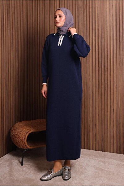 TRENDTESETTÜR Women's Dark Blue Shirt Collar Knitwear Dress t 7407