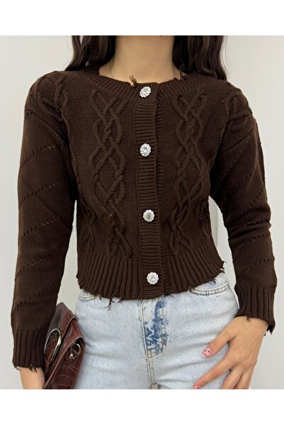 Modamorfo Stone Buttoned Ripped Cropped Cardigan - Brown