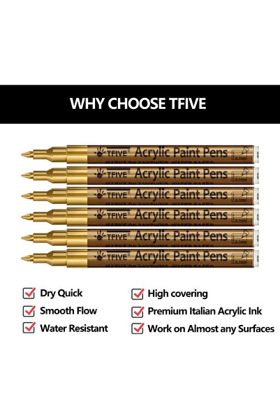 Generic TFIVE Gold Acrylic Paint Pens - Pack of 6, 0.7mm Fine Tip
