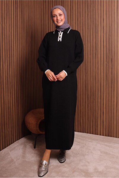 TRENDTESETTÜR Women's Black Shirt Collar Knitwear Dress t 7407