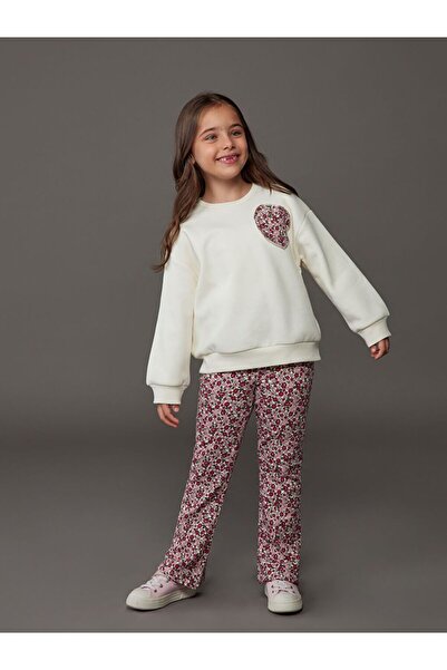 LC Waikiki LCW Kids Bisiklet Yaka Çiçekli Kız Çocuk Sweatshirt ve Tayt Pantol...