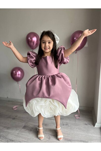 Sare Çocuk Giyim Purple Matte Satin Skirt with White Rose Motif Special Design Girl's Evening Dress Birthday Dress + Buckle