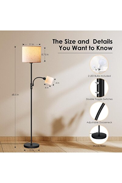 Beauenty Modern LED Floor Lamps,15W Dimmable with Linen Lampshade,3000K Brightness Light,for Bedroom,Office