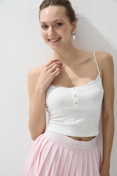 TUBİA Women's Ecru Color Lace Button Detailed Strap Crop Blouse