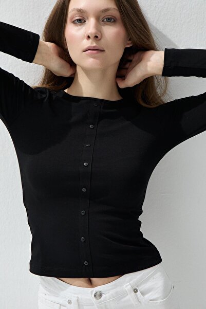 TUBİA Women's Black Color Front Button Detailed Long Sleeve Basic