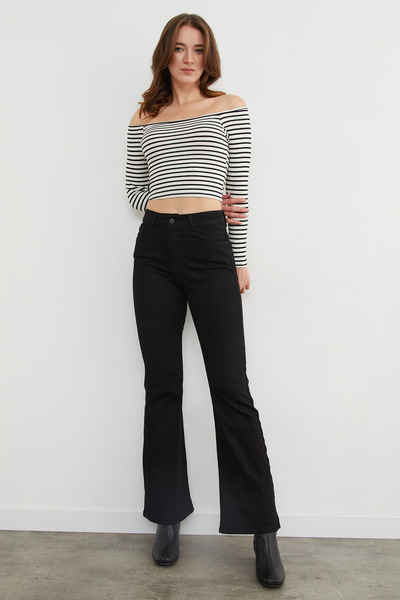 Fulla Moda talie înaltă Blugi cu fermoar material elastic Flare