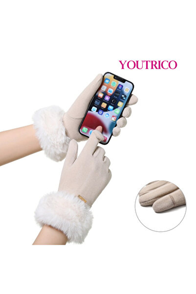 Youtrico Women's Winter Large Fur Cuff Gloves, Warm and Cold-Resistant Thick Gloves for Outdoors,gray