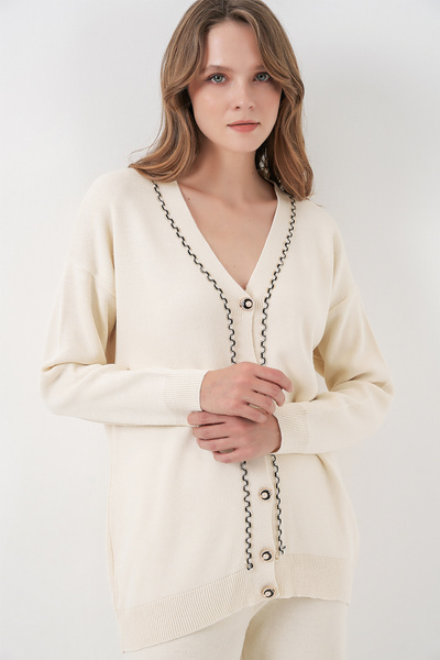 Bigdart Women's Cardigan Pants Knitwear Two-Piece Set 15956 - Ecru