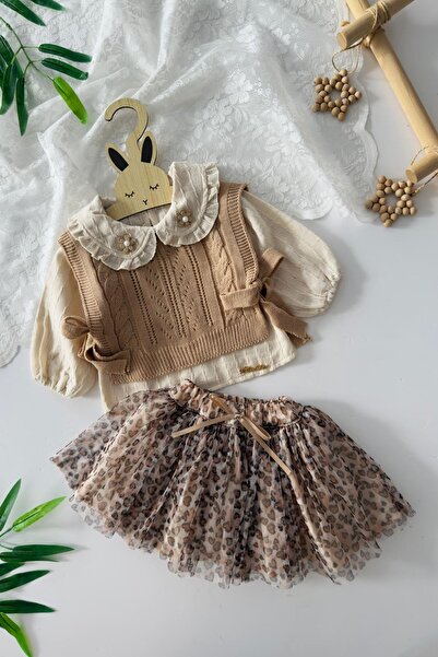 Minigimin Cicileri My Little One's Leopard Print Tulle Skirted Knitwear Sweater Set for Baby Girl, 3-Piece Set - Brown