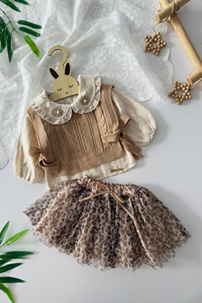 Minigimin Cicileri My Little One's Leopard Print Tulle Skirted Knitwear Sweater Set for Baby Girl, 3-Piece Set - Brown