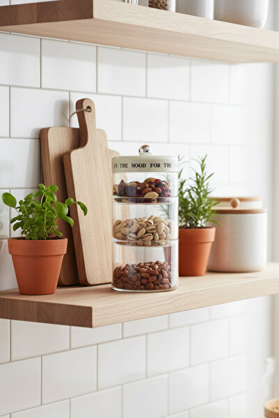 Sevinse Home Mood Triple Cream Striped Vacuum Lid Motto Glass Jar Set, Spice Jar, Sugar Bowl (750-750-600 ml)