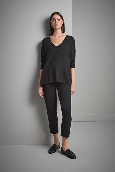 JOIN US Scarf Detailed Stone Printed Black Knitwear Blouse