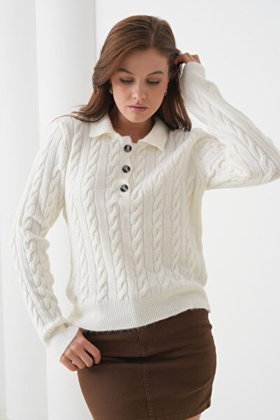 Miss Allos Women's Knitted Pattern Sweater with Button Front and Collar Detail