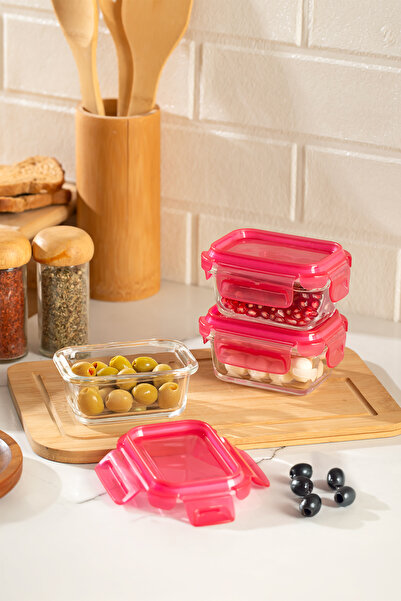 Porsima 4374 3-Piece Food Storage Container Set with Lockable Leak-Proof Lids - Glass Storage Container - 150ml Pink