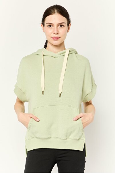 AMERICAN EAGLE هودي نسائي بأكمام قصيرة وملمس سادة، لون أخضر نعناعي