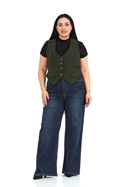 DISENTIS MODEST Plus Size Button Closure Pocket Flap Lined Short Corded Fabri...