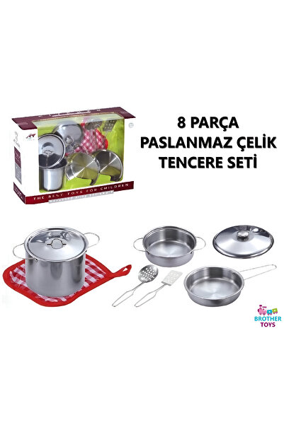Brother Toys Metal Stainless Steel 8 Piece Toy Embossed Cookware Pan Set Kitchen Cookware Set with Accessories