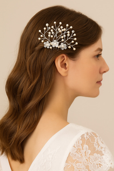 Pretty İnci ve Taş Detaylı Üç Çiçekli Gelin Saçı Tarağı – Tarak Tasarım Toka ...