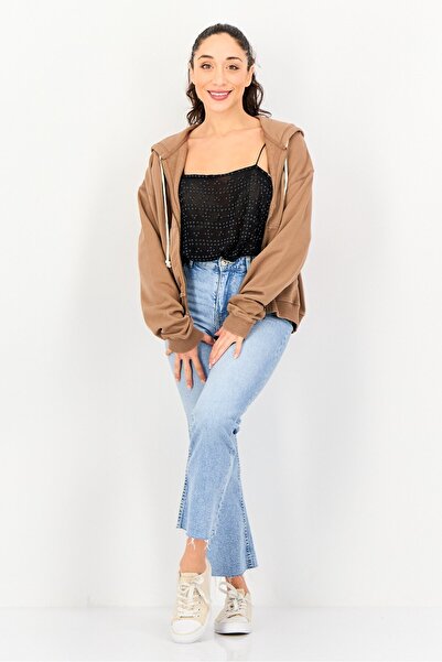 AMERICAN EAGLE Women Embroidered Logo Full Zip Hoodie, Brown