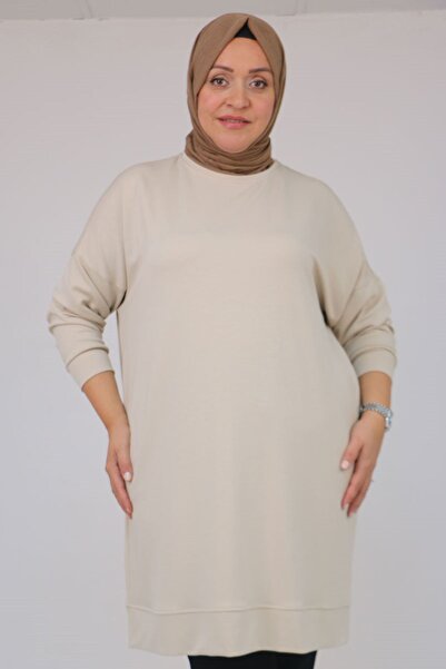 Eslina 58151 Plus Size Modal Tunic with Self-Ribbed Sleeves and Hem - Beige