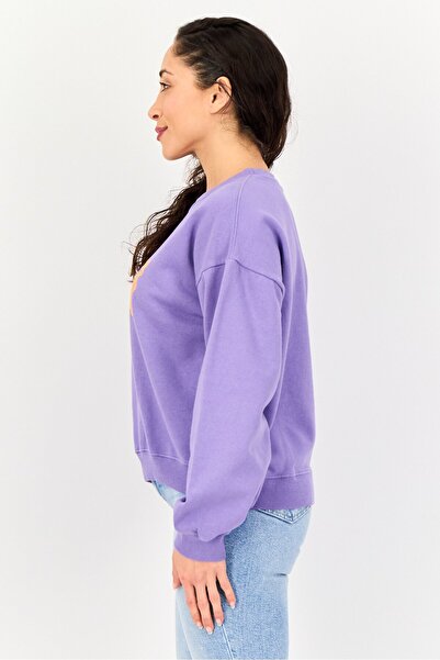 Misfit Women Ribbed Collar Graphic Print Long Sleeve Sweatshirt, Purple