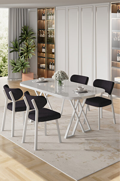Canisa Axton Serisi Sabit Mdf 90x168 Beyaz Mutfak Masa Takımı 4 Siyah Sandalye
