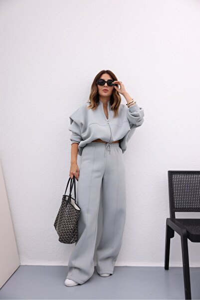 YAKAMEL KADIN 3 İPLİK ŞARDONLU PREMİUM BOMBER CEKET EŞOFMAN TAKIMI