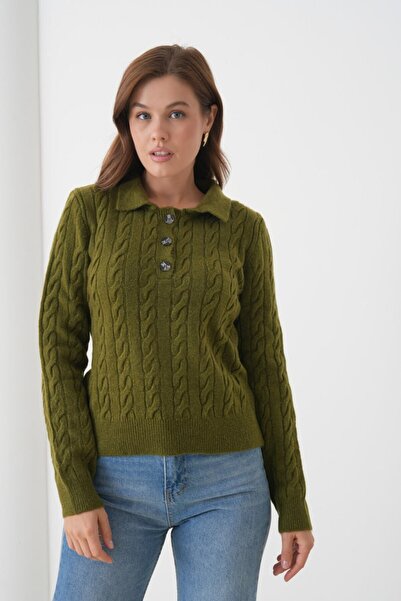 Miss Allos Women's Knitted Pattern Sweater with Button Front and Collar Detail