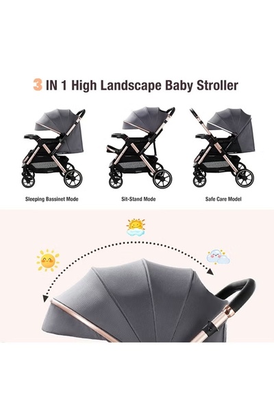 hibobi Reversible-Handle Baby Stroller, One-Click Fold, Multi-Recline, PU Wheels, 5-Point Harness