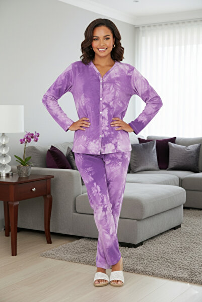 Avones Women's Tie-Dye Pattern V-Neck Button-Down Long Sleeve Pajama Set