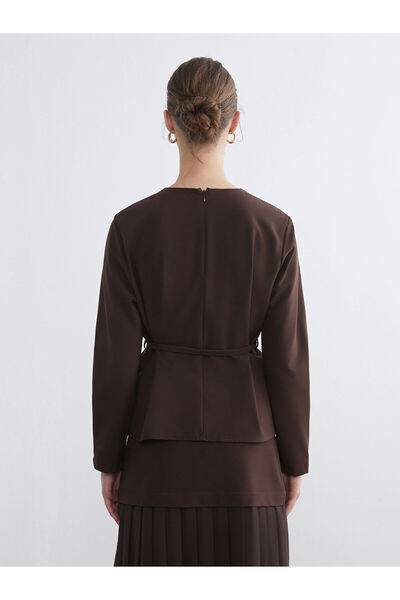 LC Waikiki Brown Crew Neck Belted Blouse