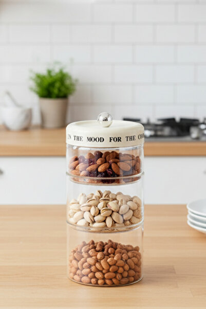 Sevinse Home Mood Triple Cream Striped Vacuum Lid Motto Glass Jar Set, Spice Jar, Sugar Bowl (750-750-600 ml)