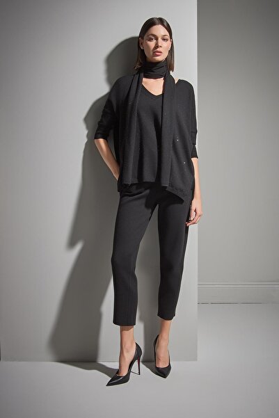 JOIN US Scarf Detailed Stone Printed Black Knitwear Blouse