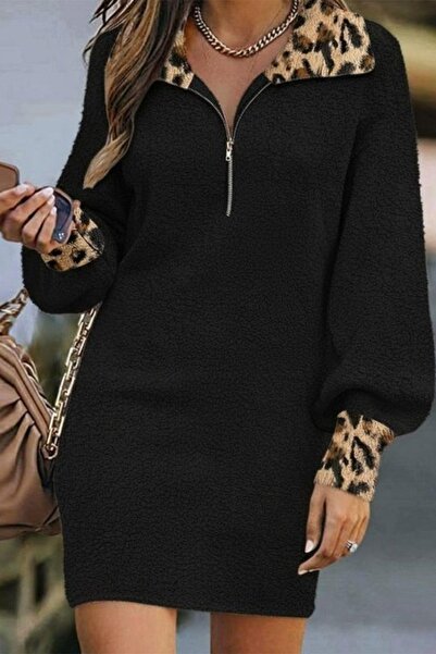 Mossta Front Zippered Leopard Detail Mini Plush Dress - Black