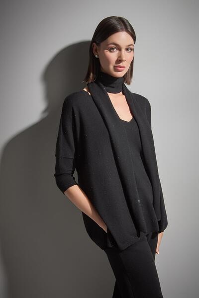 JOIN US Scarf Detailed Stone Printed Black Knitwear Blouse