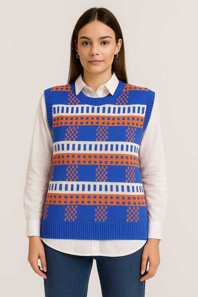 ANATOLIATEKSTILE Knitted Vest with Geometric Pattern – Casual & Elegant, Premium Comfort One Size (S-L)