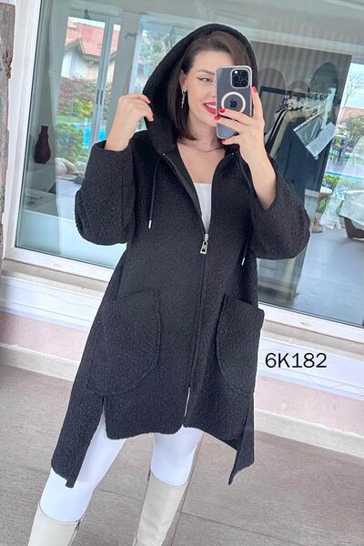 İnce Topuk Hooded Cross Pocket Boucle Coat 6K182