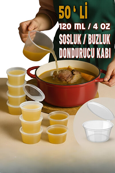 QesQin 50 Adet Sızdırmaz 120 ml Mini Saklama Kabı Sosluk Buzluk Kabı, Et Suyu...