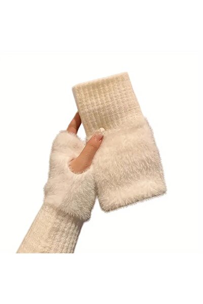 Dodemert Home Light Cream Beige Knitted Fabric Polyester Fingerless Gloves