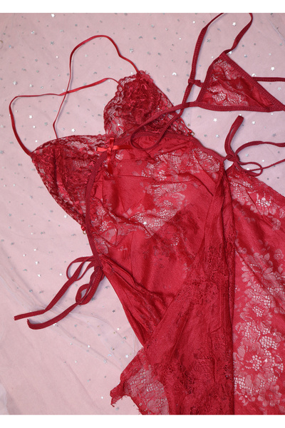 JInsh Elegant Lady Backless Transparent Hollow Pajamas Floral Printed Neck Nightwear High Fork Sleep