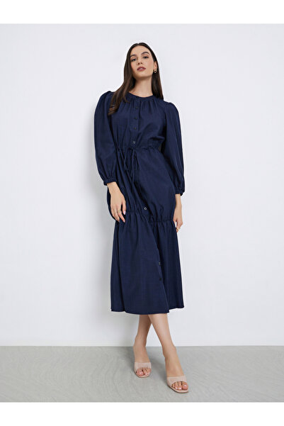 Styli Dark Blue Long Sleeve A-Line Midi Dress