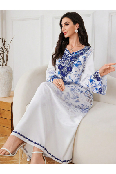 Take Two By Styli Floral Print Long Sleeve Maxi Jalabiya