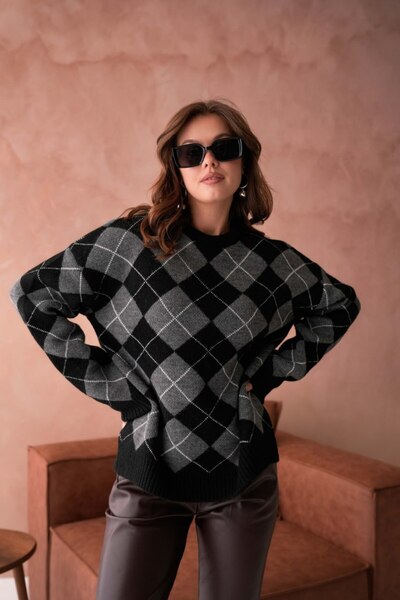 Miss Allos Women's Crew Neck Diamond Pattern Soft Textured Knit Sweater