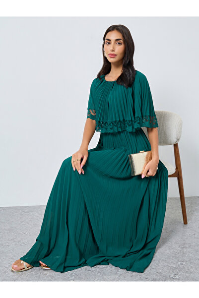 Styli Teal Lace Trim Pleated Maxi Evening Dress