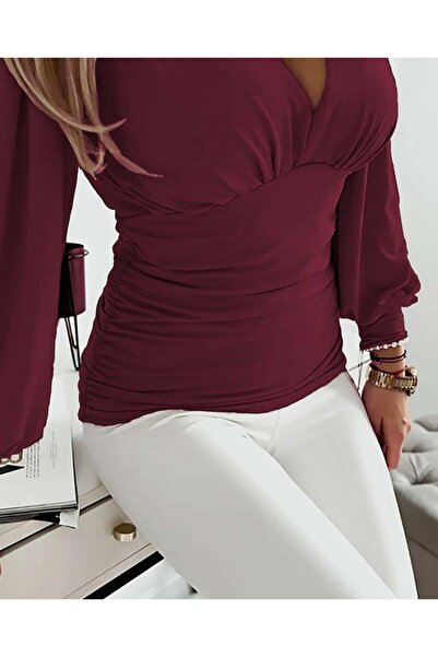 GENCULUS Women's Long Sleeve Deep V Neck Front Gathered Sandy Blouse
