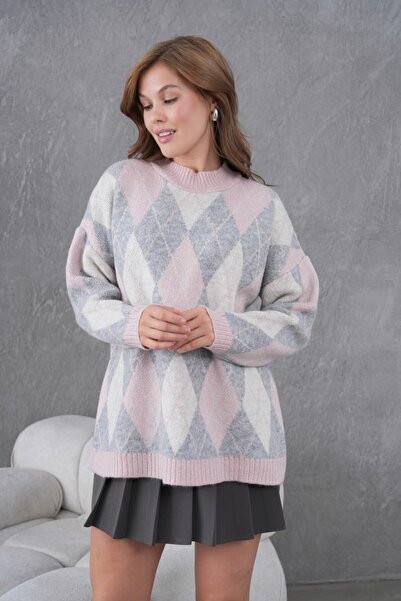Miss Allos Women's Crew Neck Diamond Pattern Long Sleeve Knit Sweater