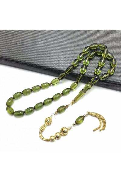 KANUNİ TESBİH سبحة من خشب العنبر الأخضر المقطوع على شكل اللوز